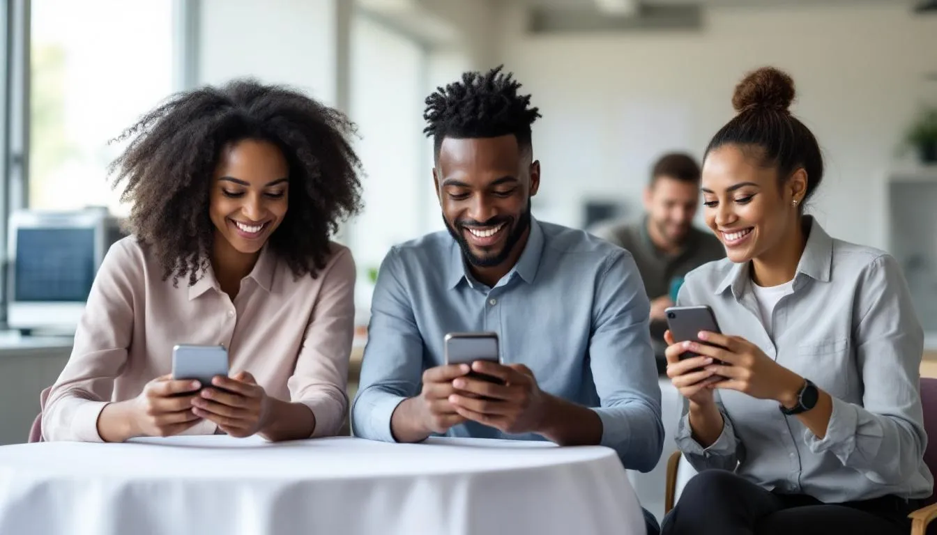 In a break room, a diverse group of employees is gathered, each looking at their smartphones displaying employee schedules. They appear engaged in a discussion about their upcoming shifts and employee availability, highlighting the importance of effective employee scheduling and team communication.