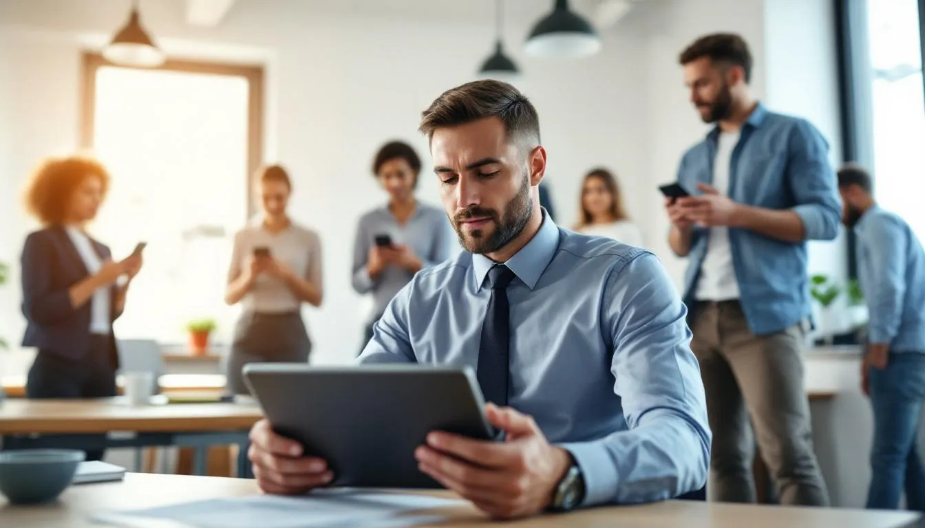 A manager is focused on a tablet, creating employee schedules using scheduling software, while employees check their upcoming shifts on their mobile phones. This scene highlights the efficiency of the scheduling process, allowing for better team communication and management of employee availability.