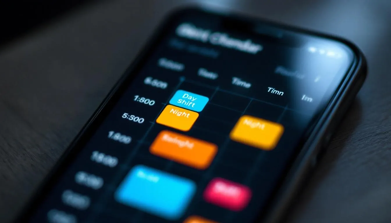 A mobile phone displays a calendar app interface featuring colorful shift schedules for employees, highlighting different shifts and work days to help shift workers manage their schedules effectively. The app allows users to track shifts in real time, making it easier to accommodate open shifts and organize team duties.