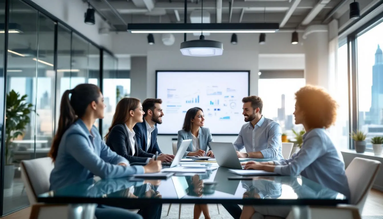 A diverse professional business team collaborates in a modern office space, utilizing scheduling tools to manage their appointments and meetings effectively. They are engaged in discussions about optimizing their workflow and boosting productivity through tools like Google Calendar and appointment software.